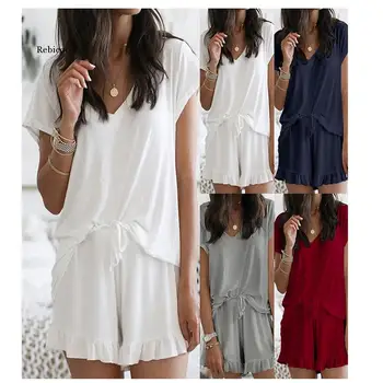 Divdaļīgs Kostīms Savirmot Uzstādīt Sieviešu Apģērbu Zaudēt Vasaras Pidžamu Sleepwear Modes Cietā Gadījuma Top Šorti