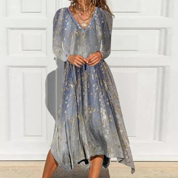 Elegants V Kakla Nelegālo Maxi Kleita Gadījuma Garām Piedurknēm Puse Harajuku Kleita Mujers 2022 Jaunu Modes Izdrukāt Sievietes-Line Kleita